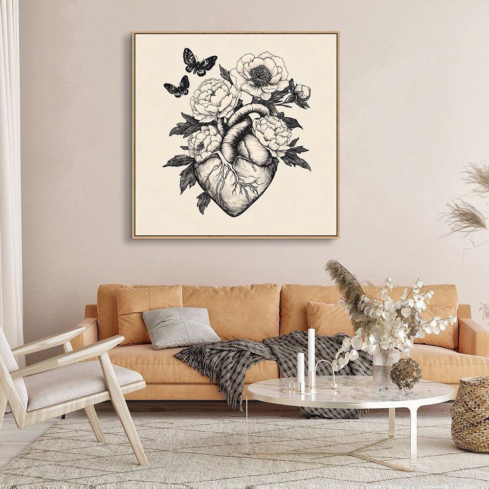 "Floral Heart And Butterflies" – An Elegant Fusion Of Nature And Anatomy-Canvas Wall Art