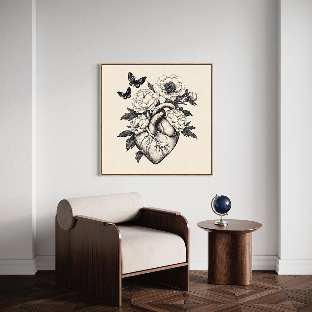 "Floral Heart And Butterflies" – An Elegant Fusion Of Nature And Anatomy-Canvas Wall Art