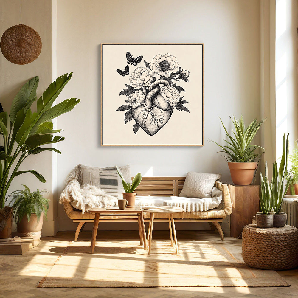 "Floral Heart And Butterflies" – An Elegant Fusion Of Nature And Anatomy-Canvas Wall Art