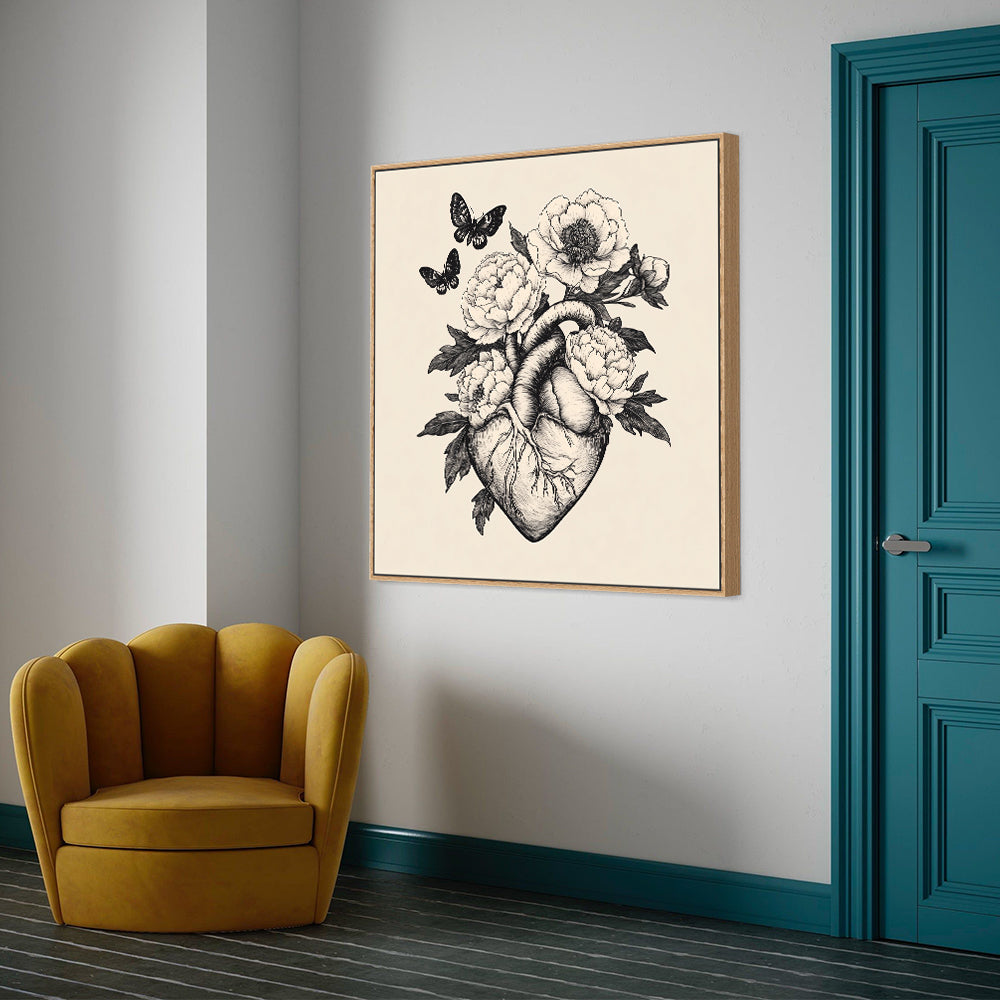 "Floral Heart And Butterflies" – An Elegant Fusion Of Nature And Anatomy-Canvas Wall Art