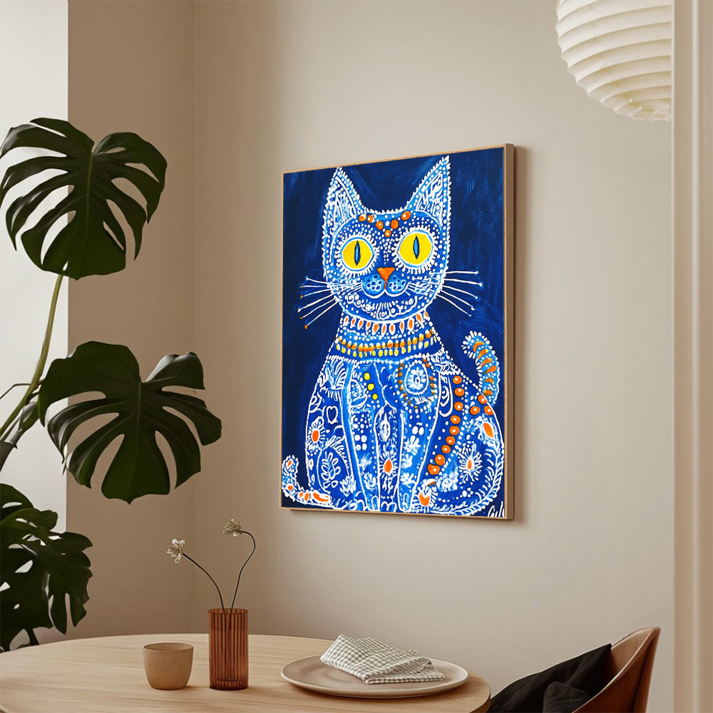 Blue Folk Art Cat Canvas Wall Art