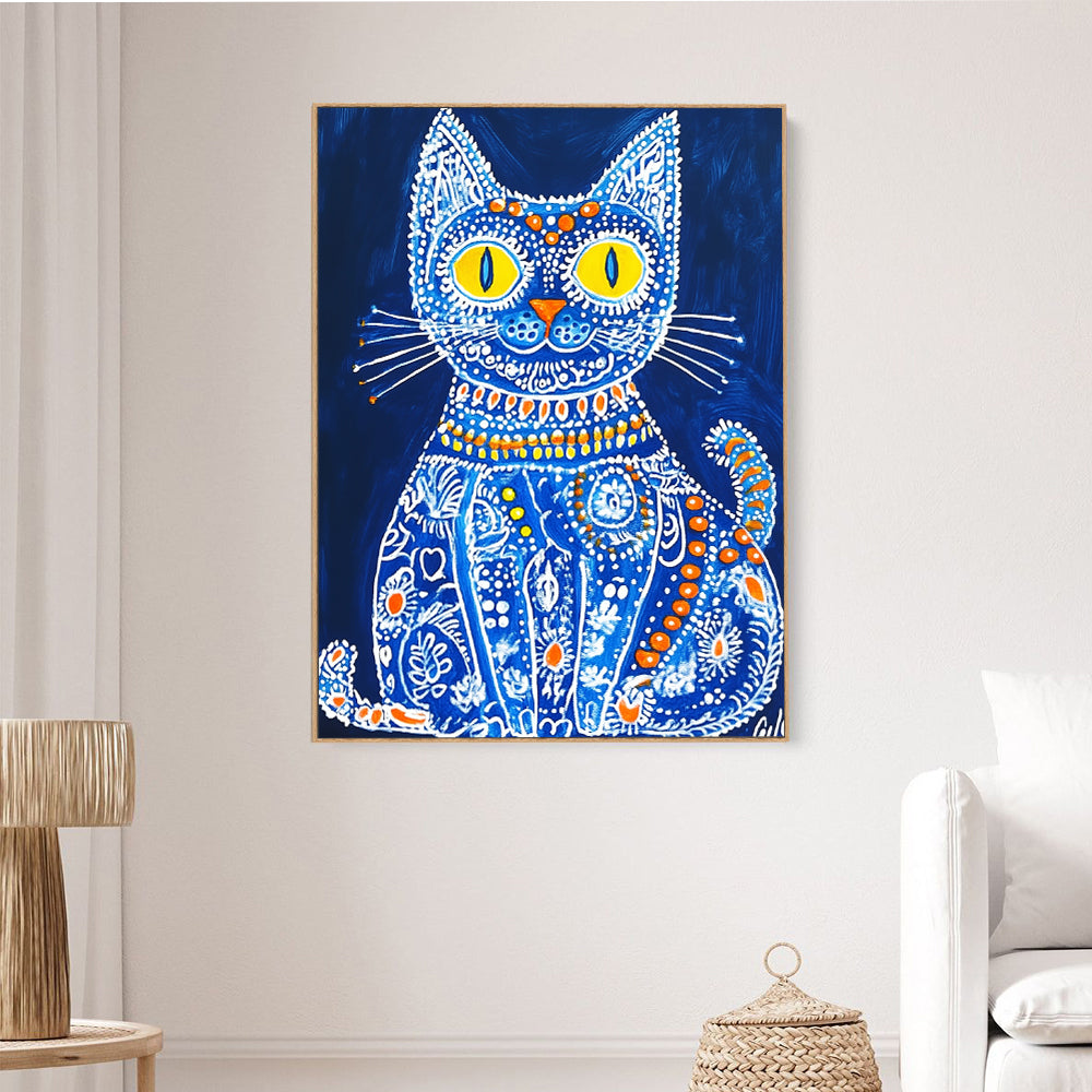Blue Folk Art Cat Canvas Wall Art