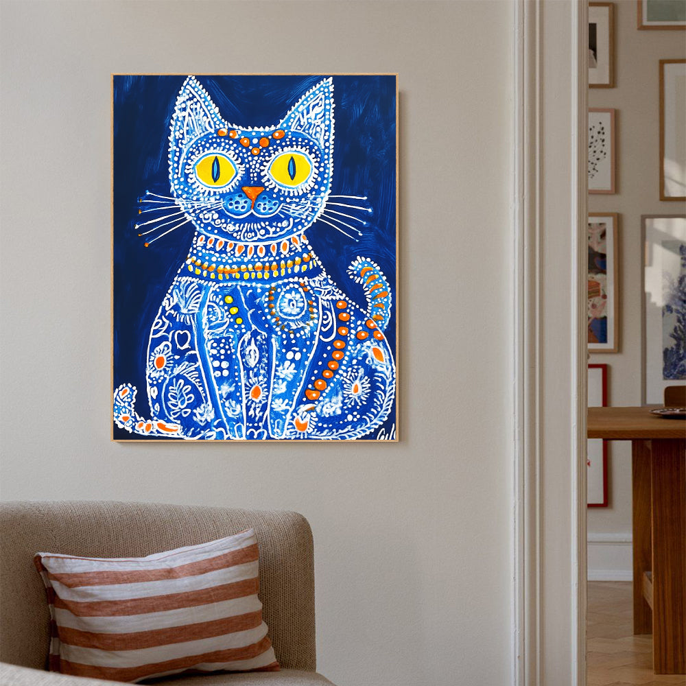 Blue Folk Art Cat Canvas Wall Art