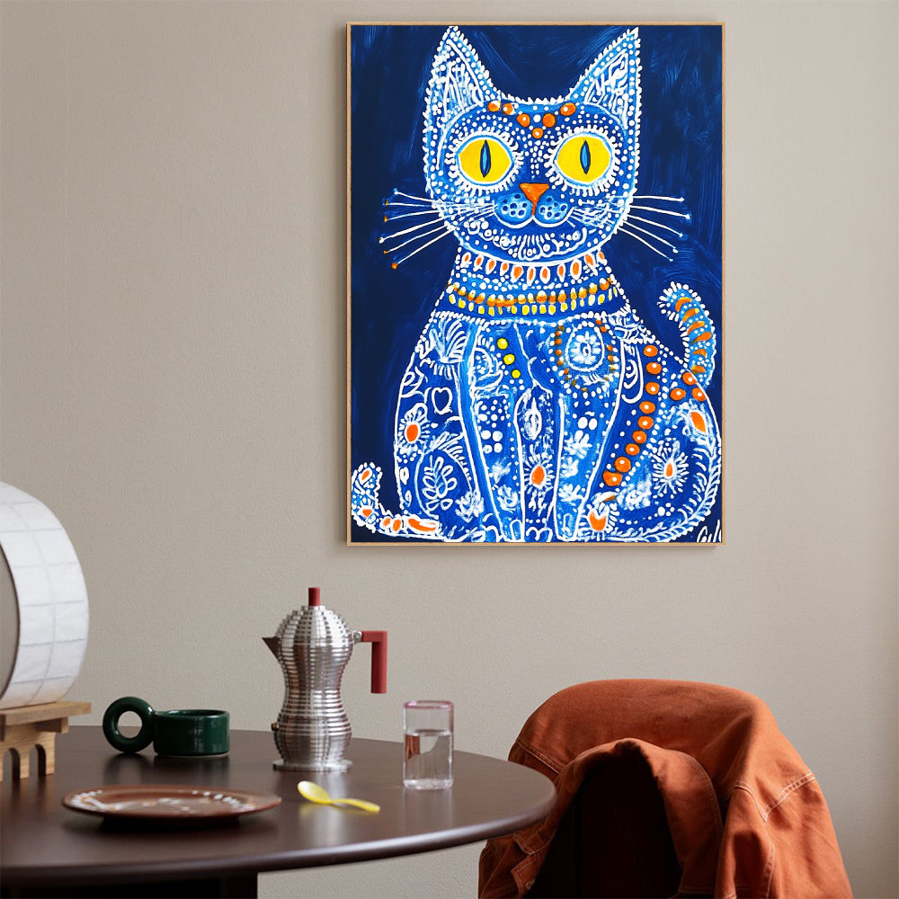 Blue Folk Art Cat Canvas Wall Art