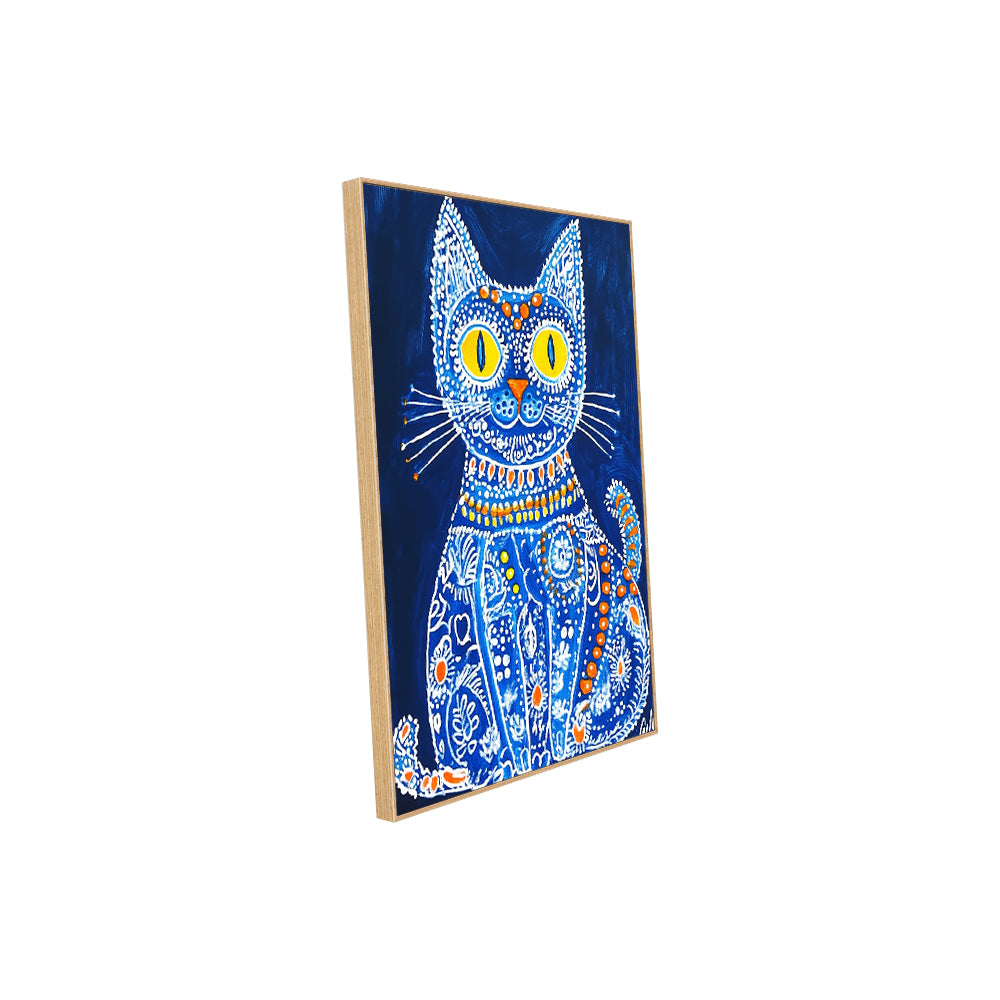 Blue Folk Art Cat Canvas Wall Art