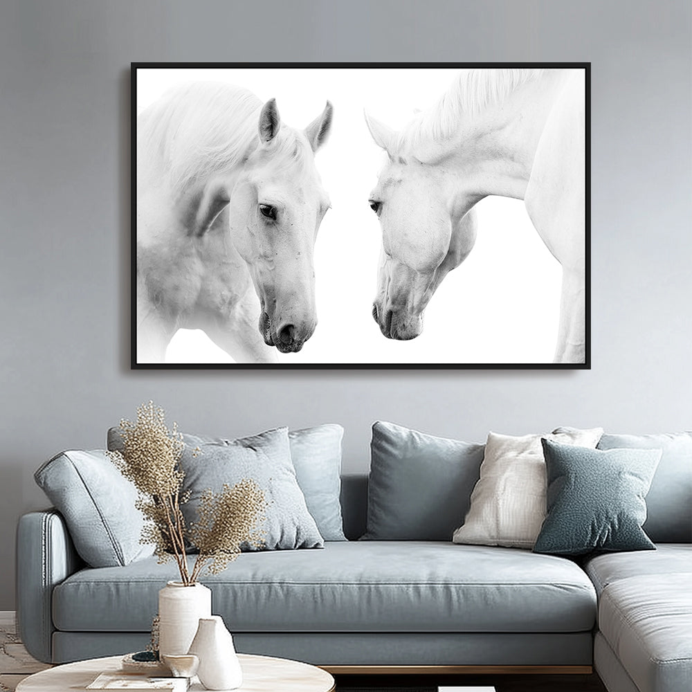 White Stallions - Black & White Horse Portrait Canvas Wall Art
