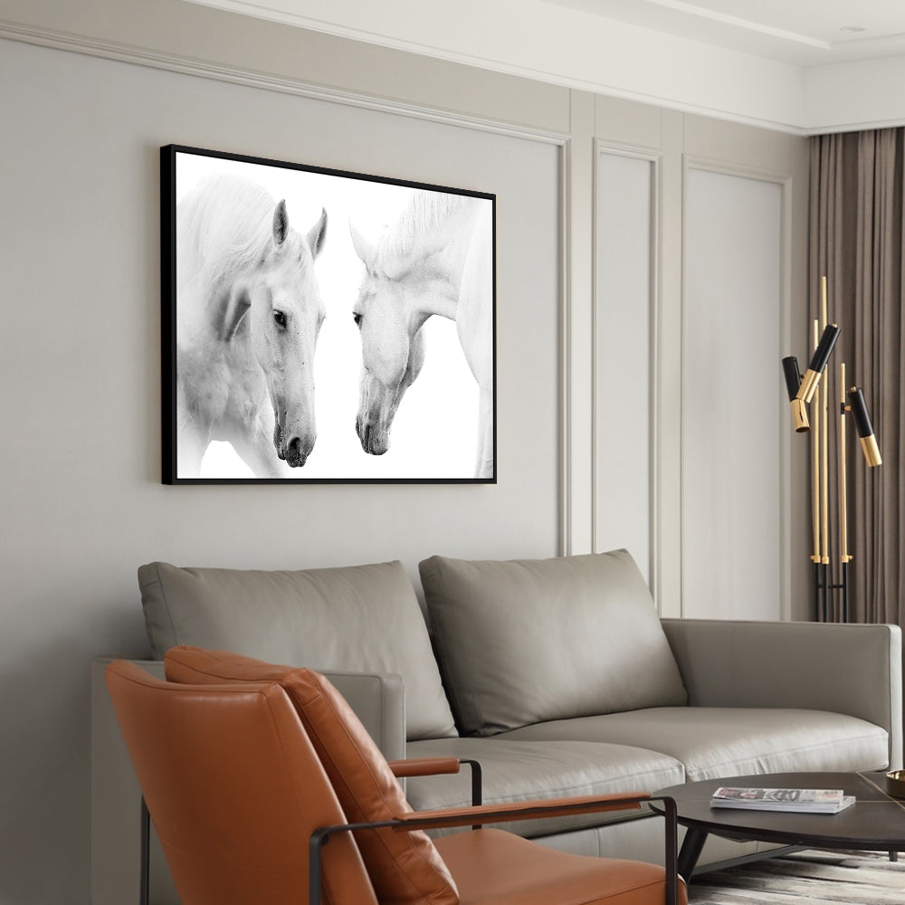 White Stallions - Black & White Horse Portrait Canvas Wall Art