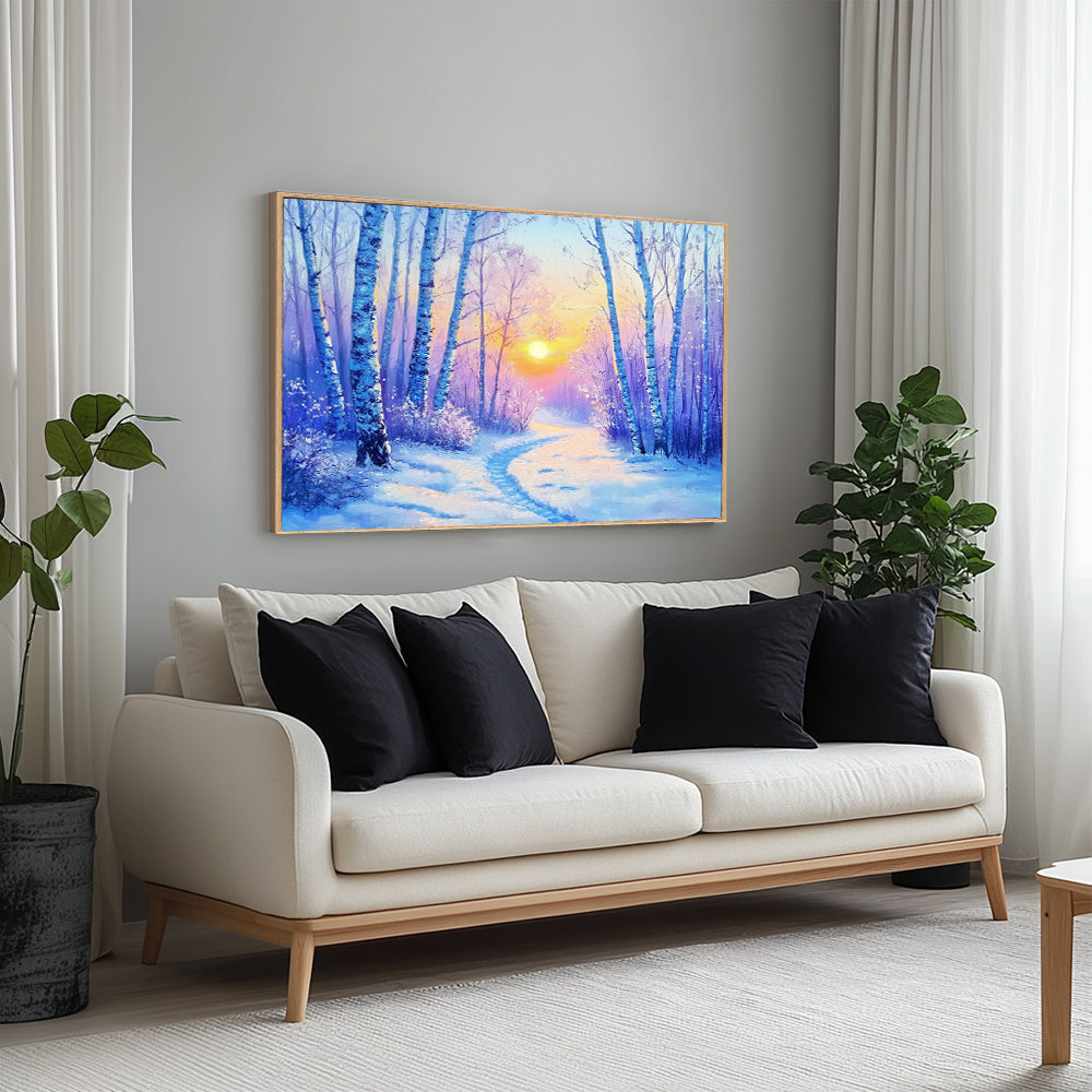 Winter Forest Sunrise Canvas Wall Art – Serene Snowy Landscape