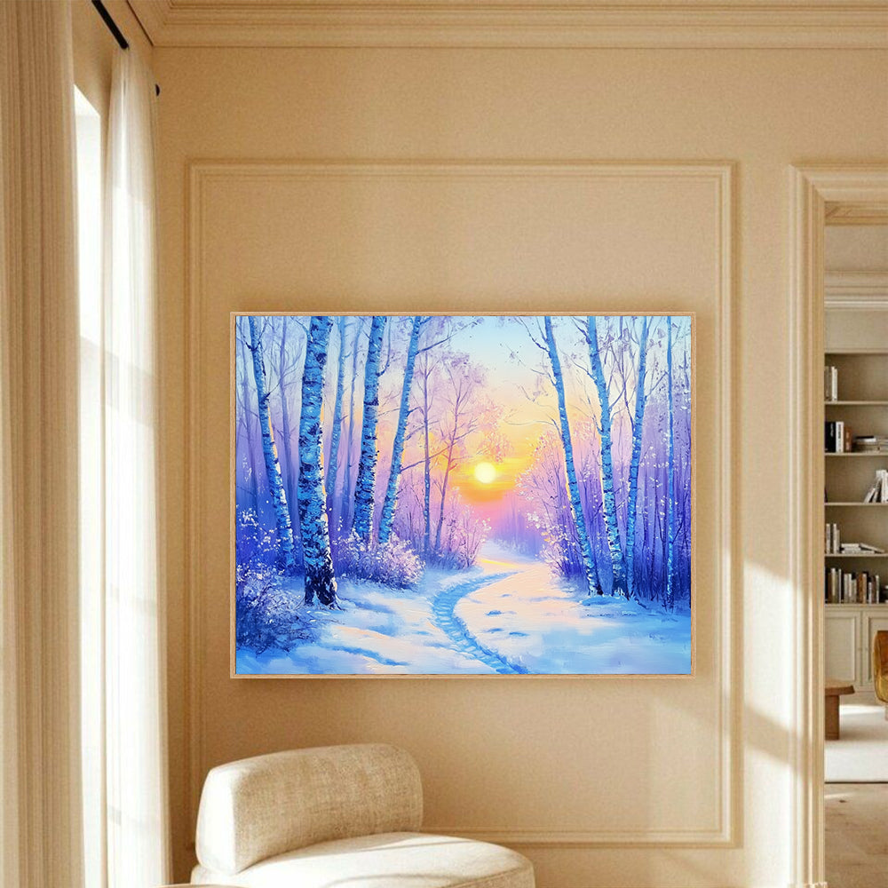 Winter Forest Sunrise Canvas Wall Art – Serene Snowy Landscape