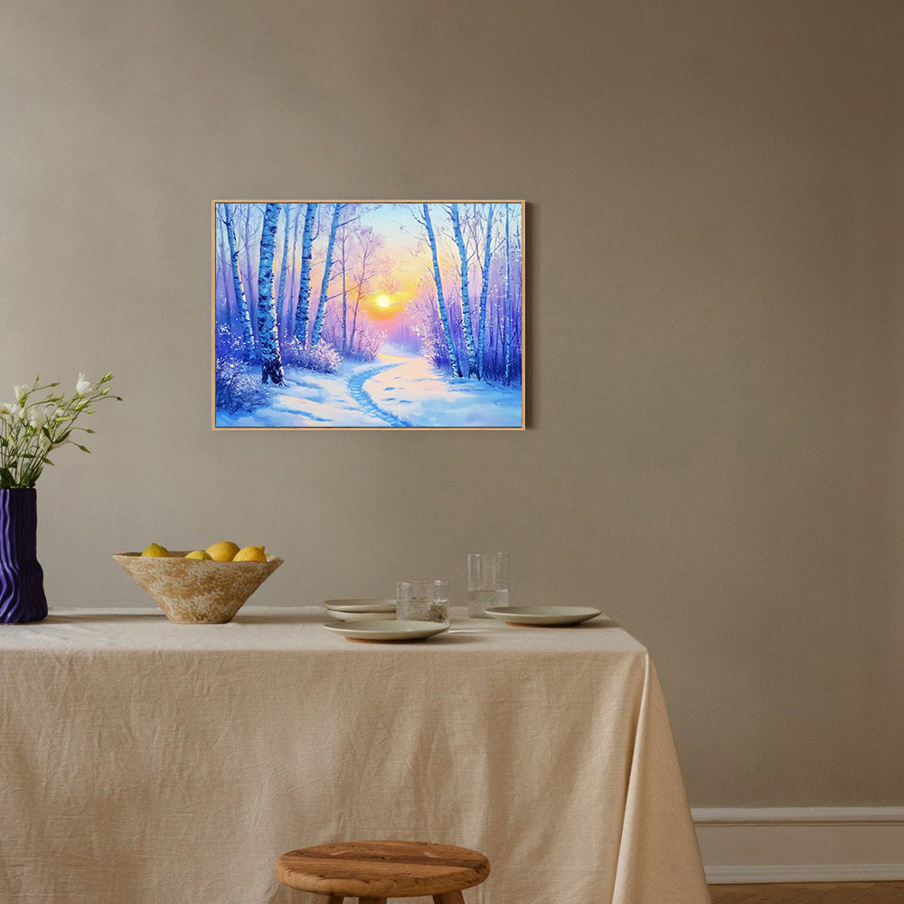 Winter Forest Sunrise Canvas Wall Art – Serene Snowy Landscape