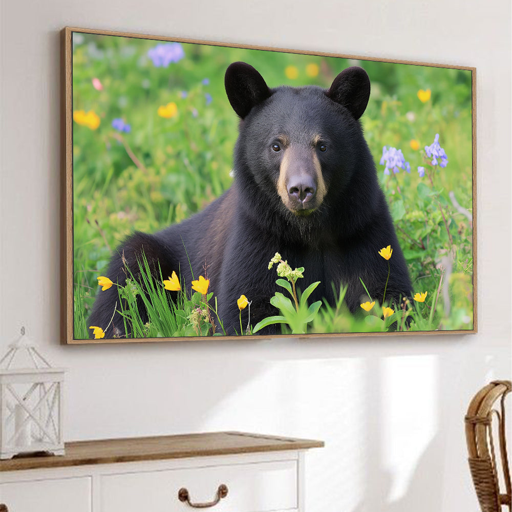 Black Bear In Wildflower Meadow – Nature-Inspired Home Décor Canvas Wall Art