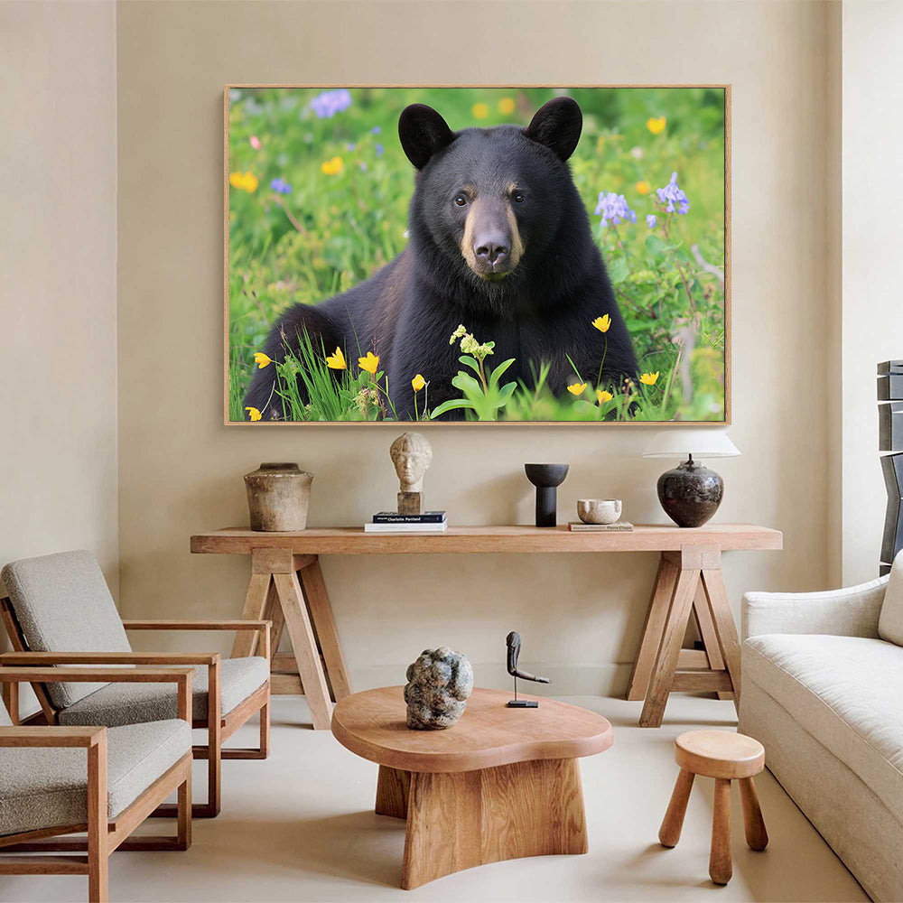 Black Bear In Wildflower Meadow – Nature-Inspired Home Décor Canvas Wall Art