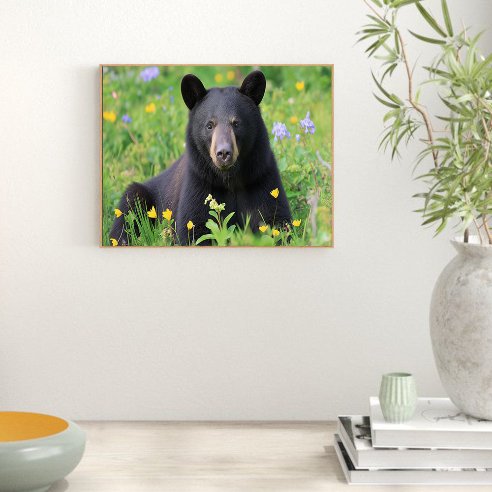 Black Bear In Wildflower Meadow – Nature-Inspired Home Décor Canvas Wall Art