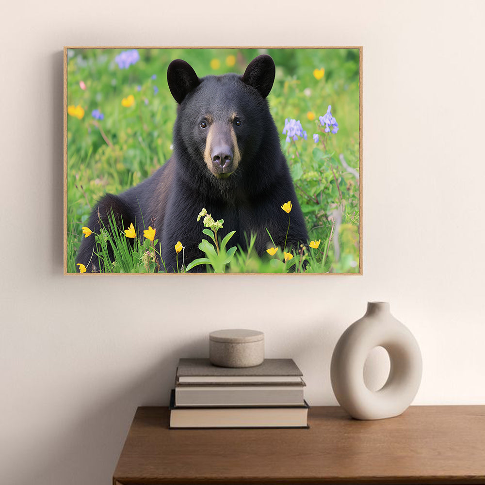 Black Bear In Wildflower Meadow – Nature-Inspired Home Décor Canvas Wall Art