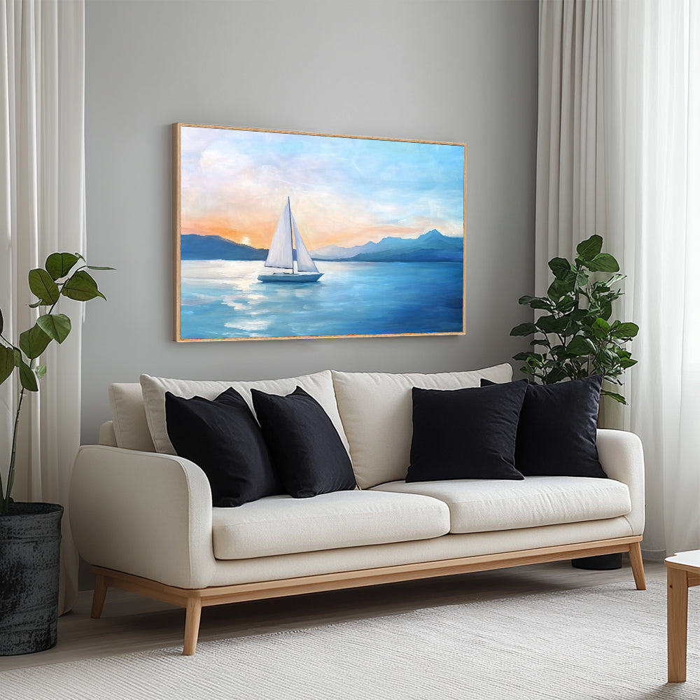 Serene Sailboat Canvas Wall Art – Coastal Landscape with Sunset Glow