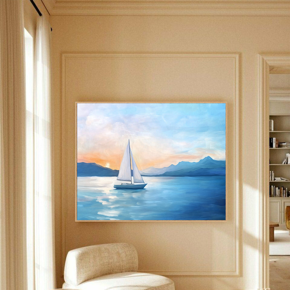Serene Sailboat Canvas Wall Art – Coastal Landscape with Sunset Glow