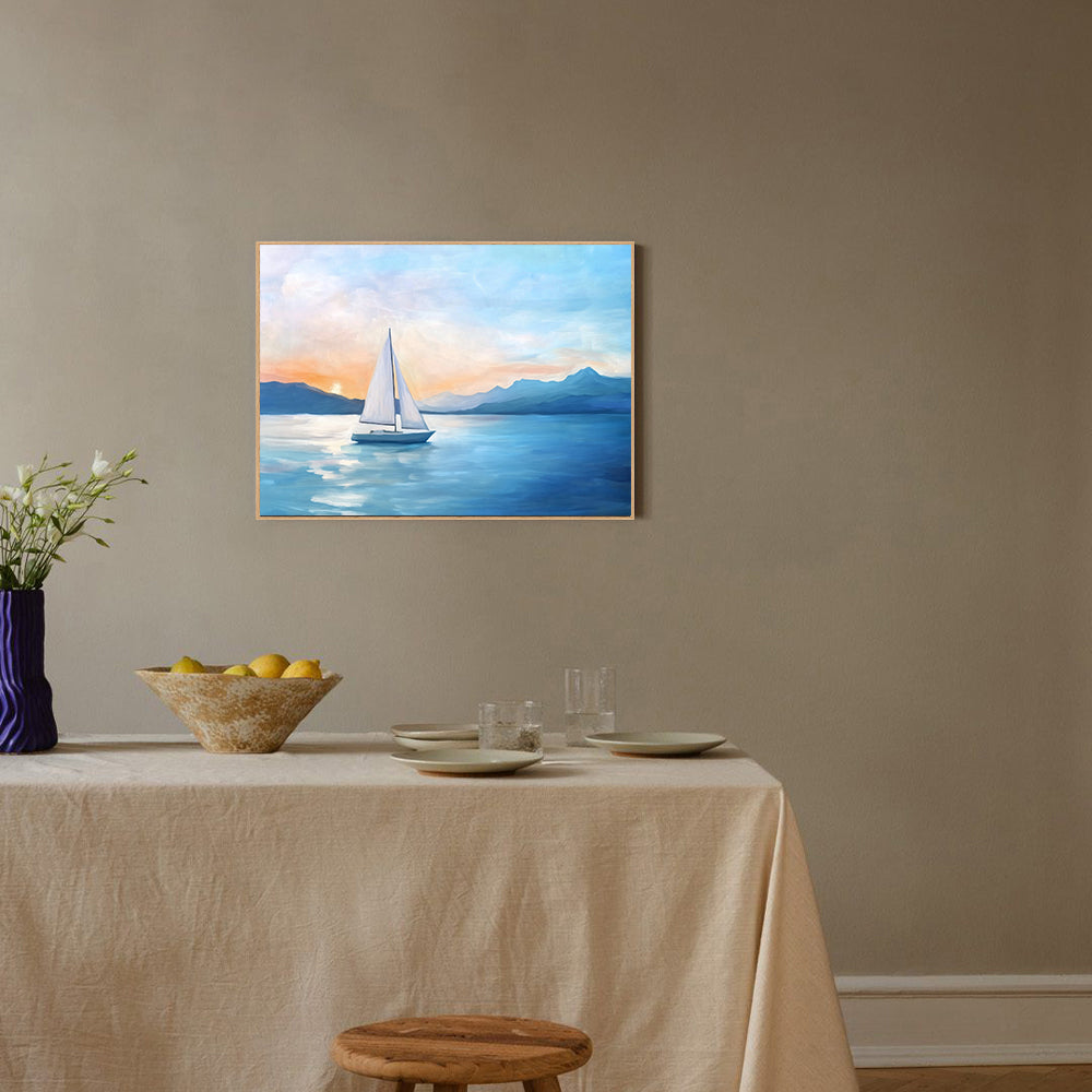 Serene Sailboat Canvas Wall Art – Coastal Landscape with Sunset Glow