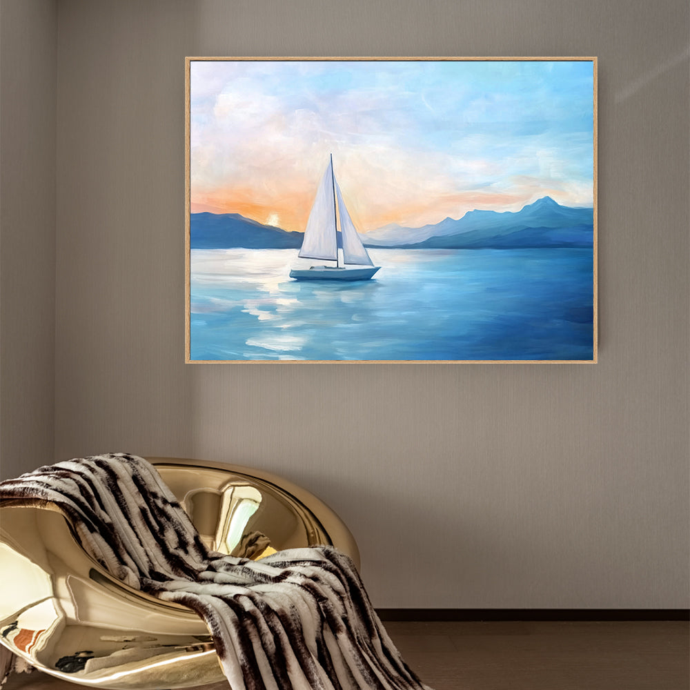 Serene Sailboat Canvas Wall Art – Coastal Landscape with Sunset Glow