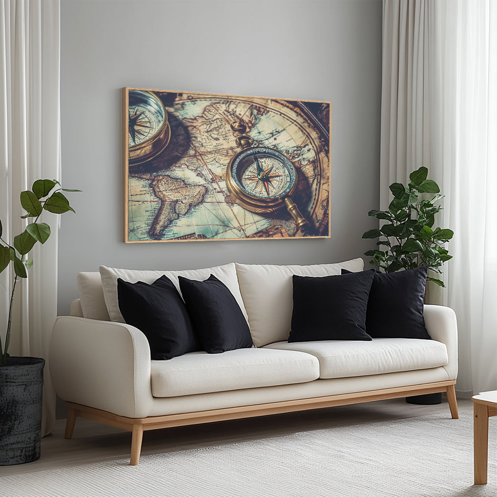 Vintage Compass and Map Canvas Wall Art