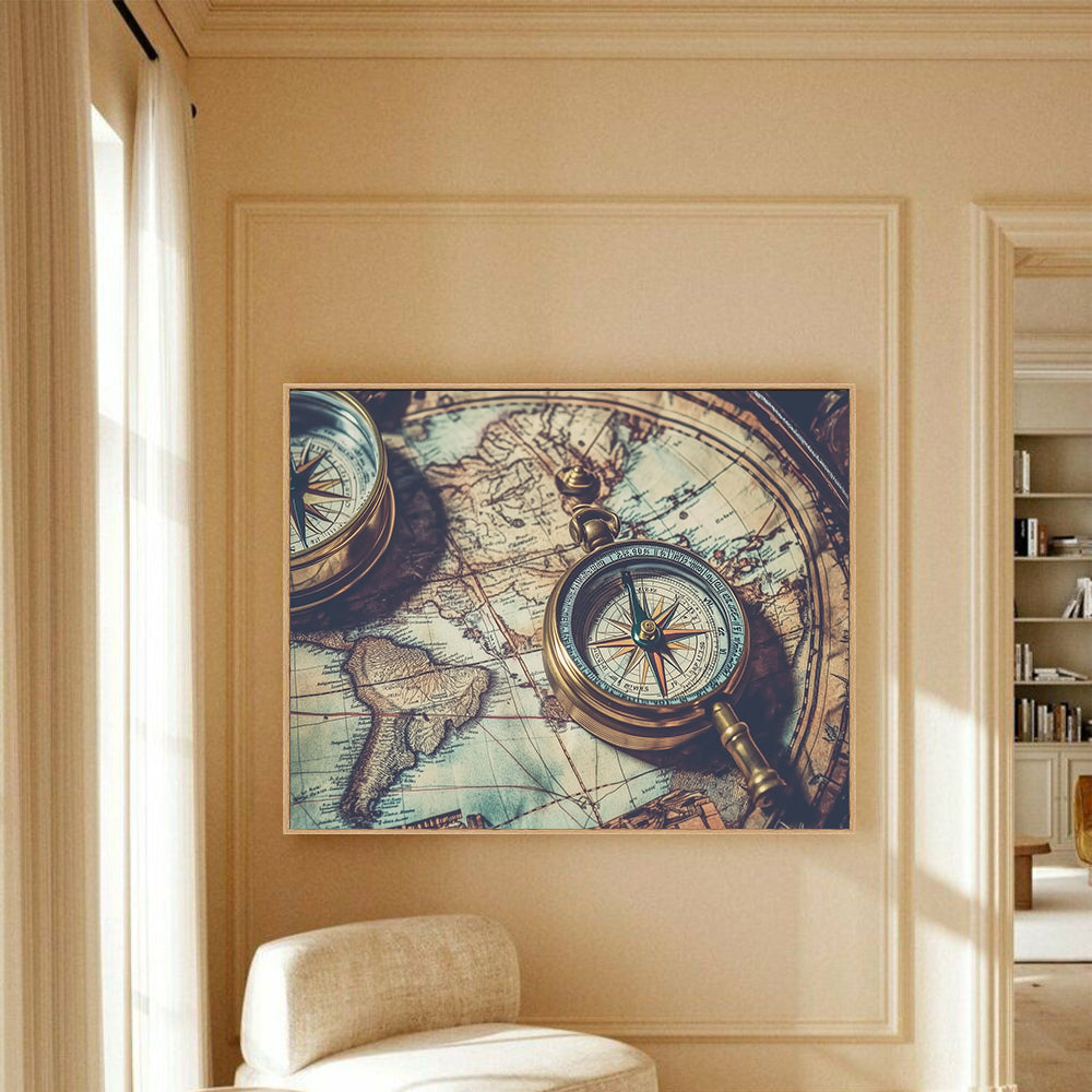 Vintage Compass and Map Canvas Wall Art