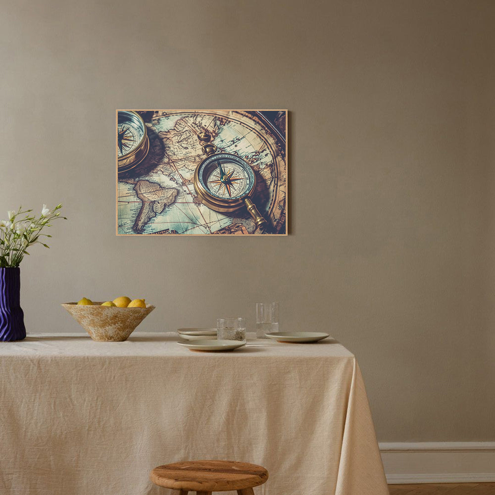 Vintage Compass and Map Canvas Wall Art