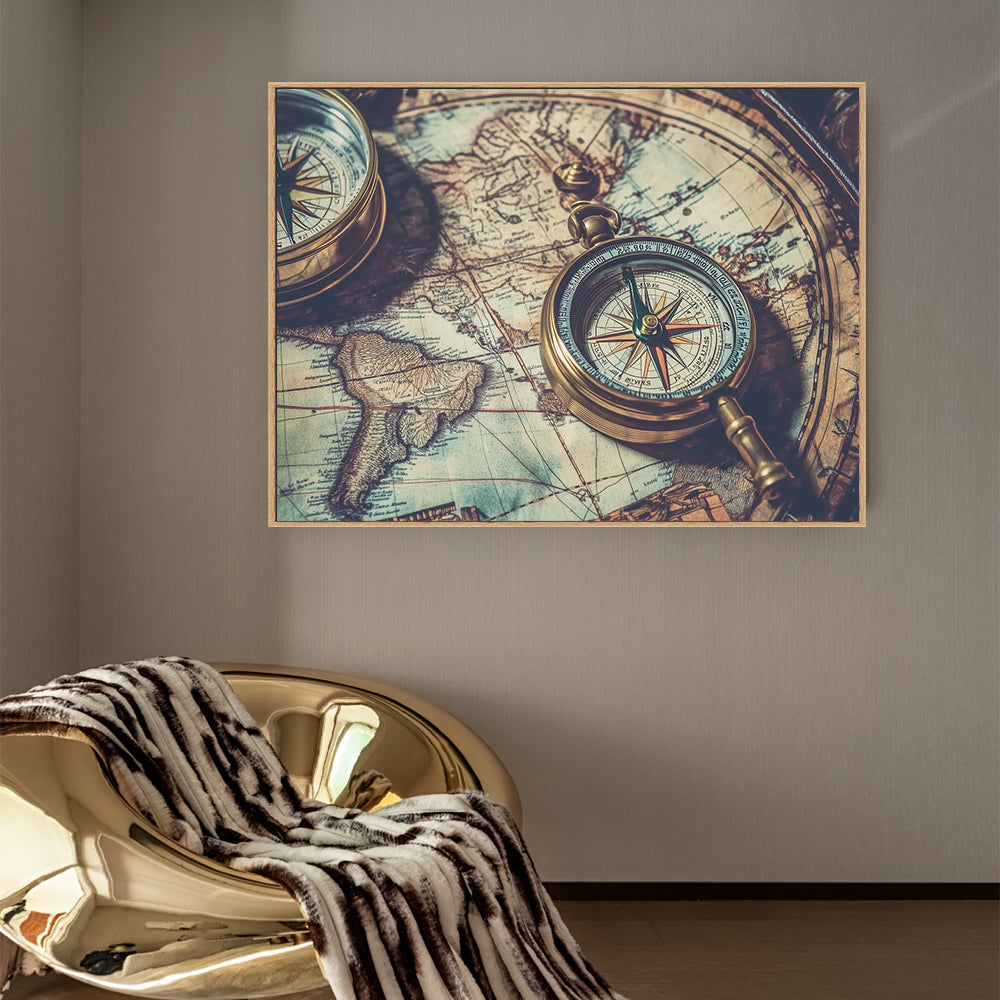 Vintage Compass and Map Canvas Wall Art