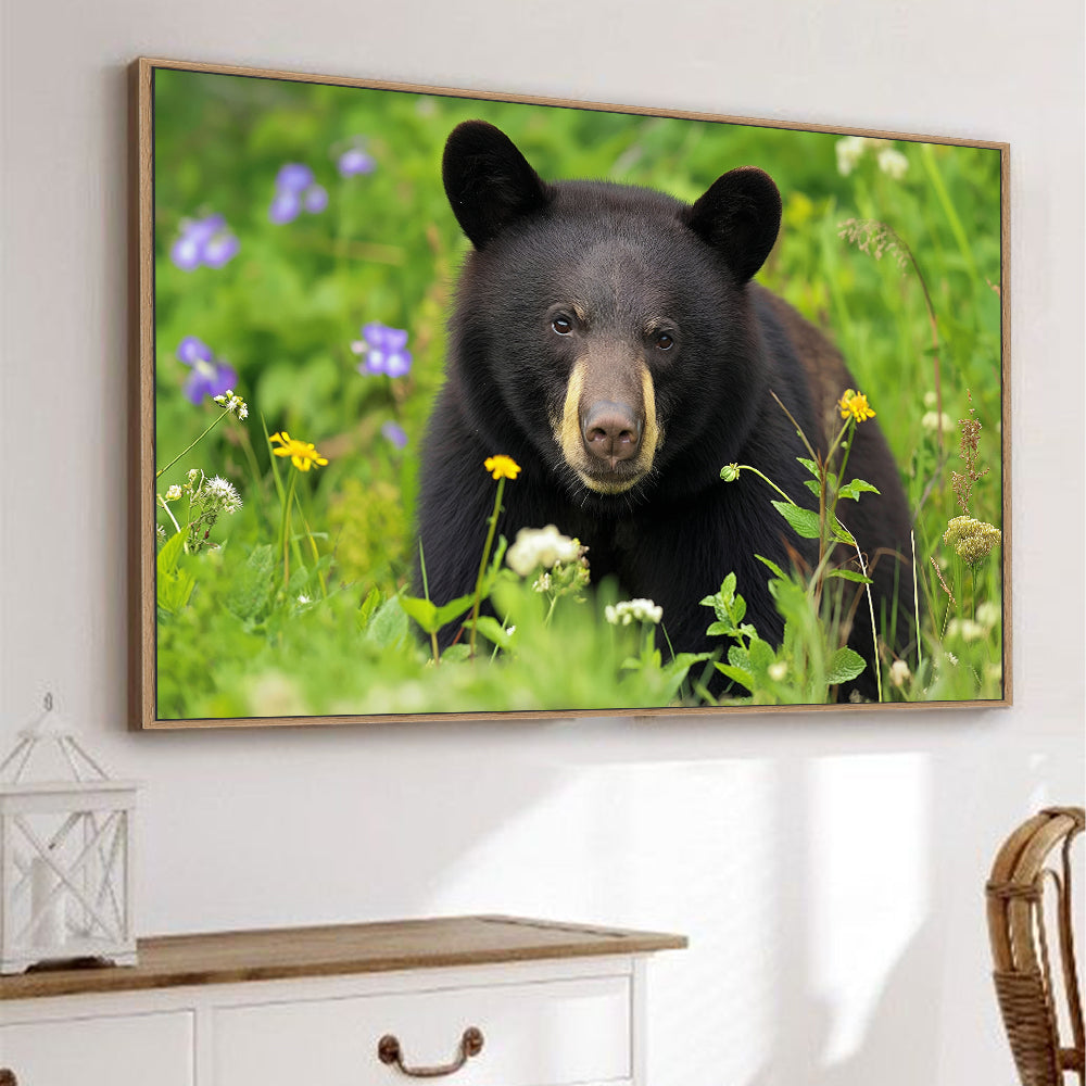 Black Bear Among Wildflowers – A Vibrant Nature Scene Canvas Wall Art