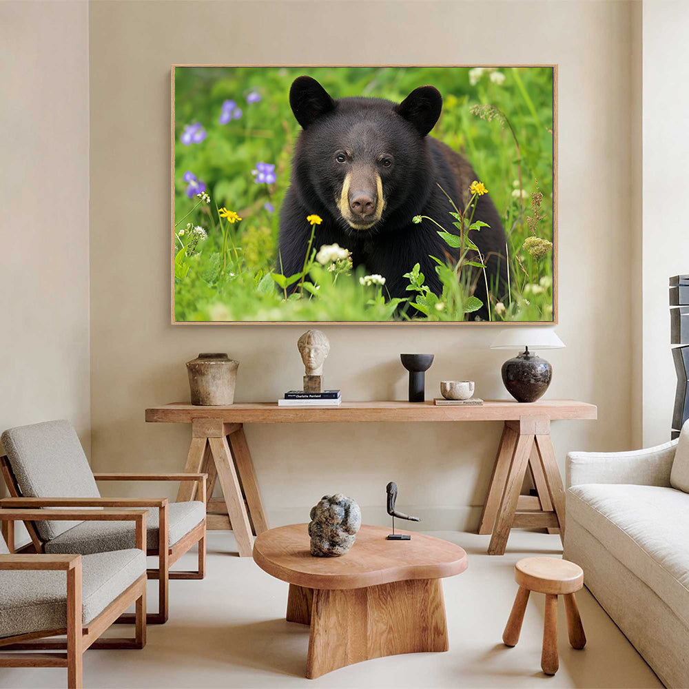 Black Bear Among Wildflowers – A Vibrant Nature Scene Canvas Wall Art