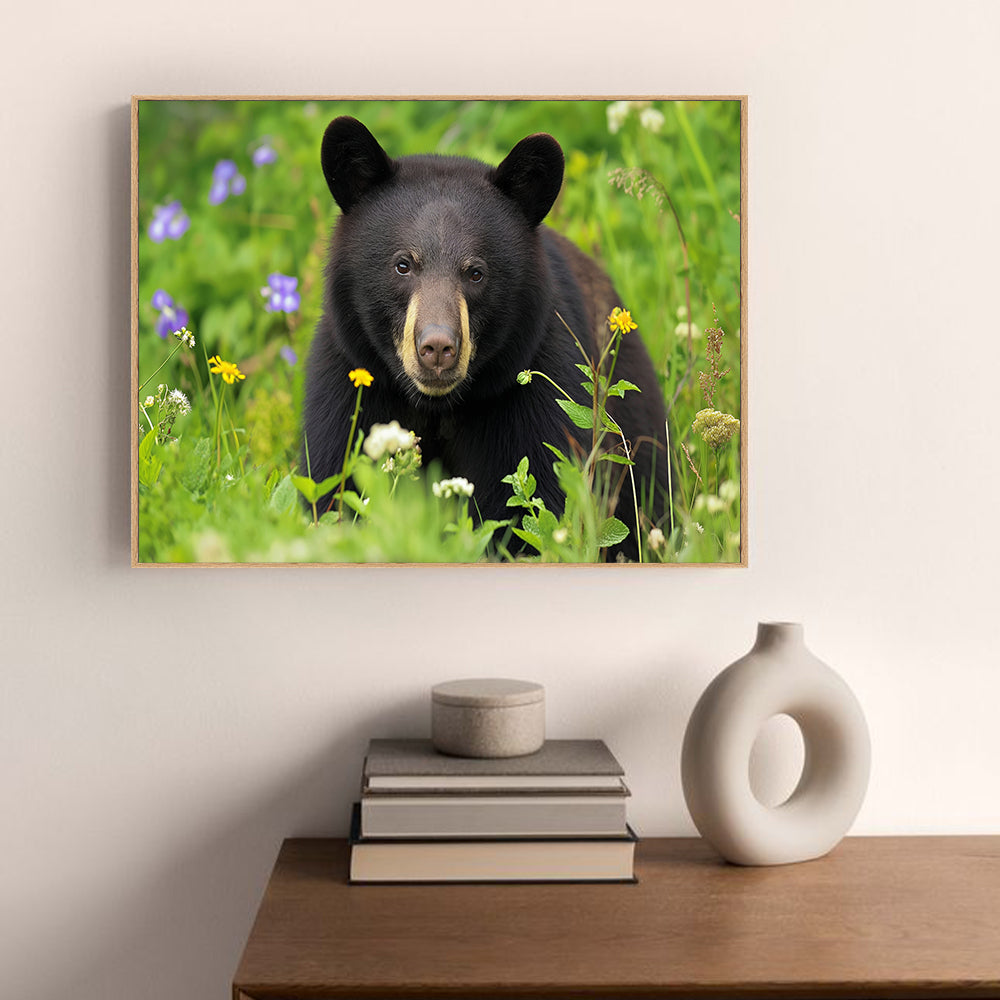 Black Bear Among Wildflowers – A Vibrant Nature Scene Canvas Wall Art