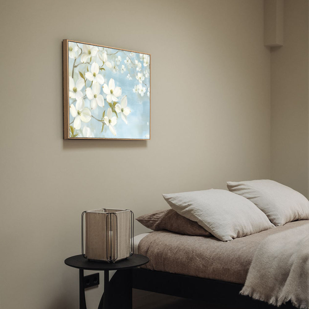 Blooming White Flowers on Blue Canvas Wall Art