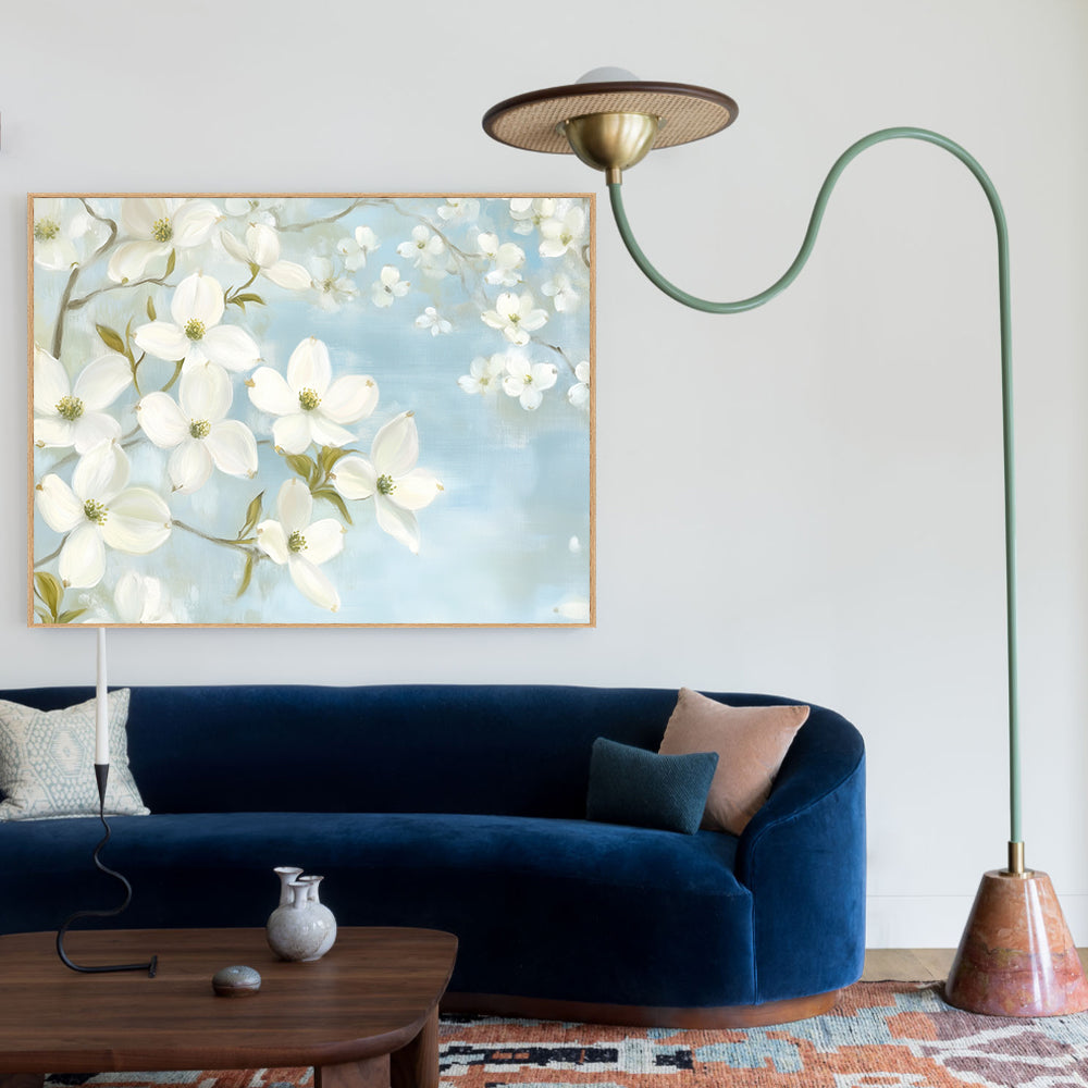 Blooming White Flowers on Blue Canvas Wall Art