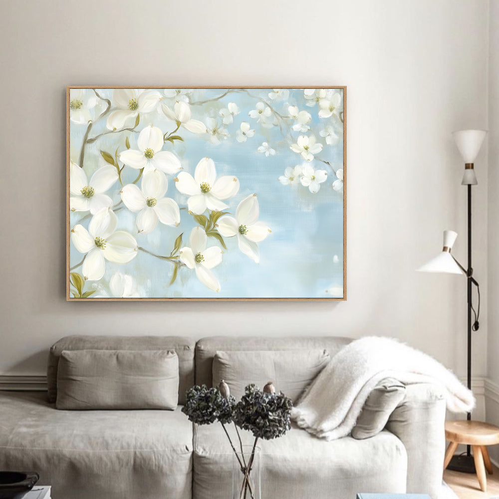 Blooming White Flowers on Blue Canvas Wall Art