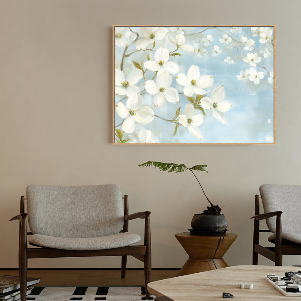 Blooming White Flowers on Blue Canvas Wall Art