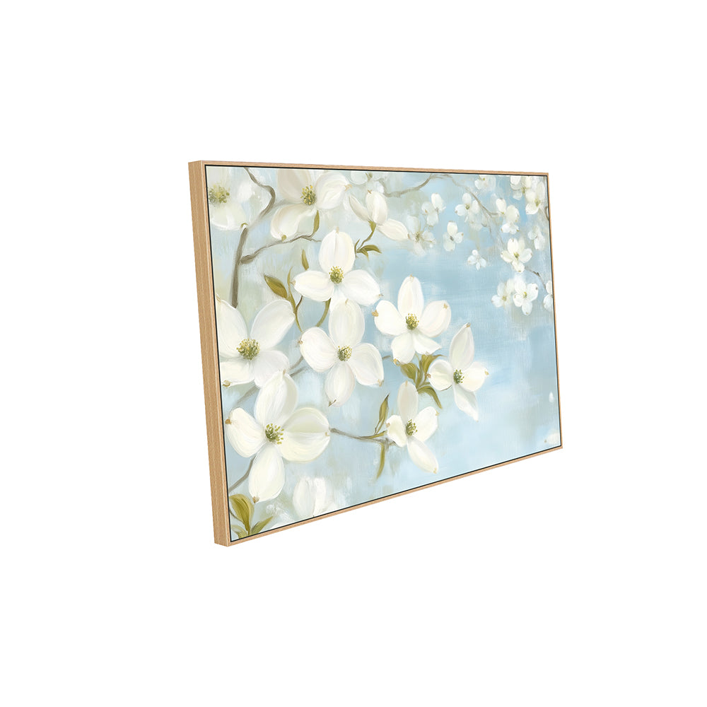 Blooming White Flowers on Blue Canvas Wall Art