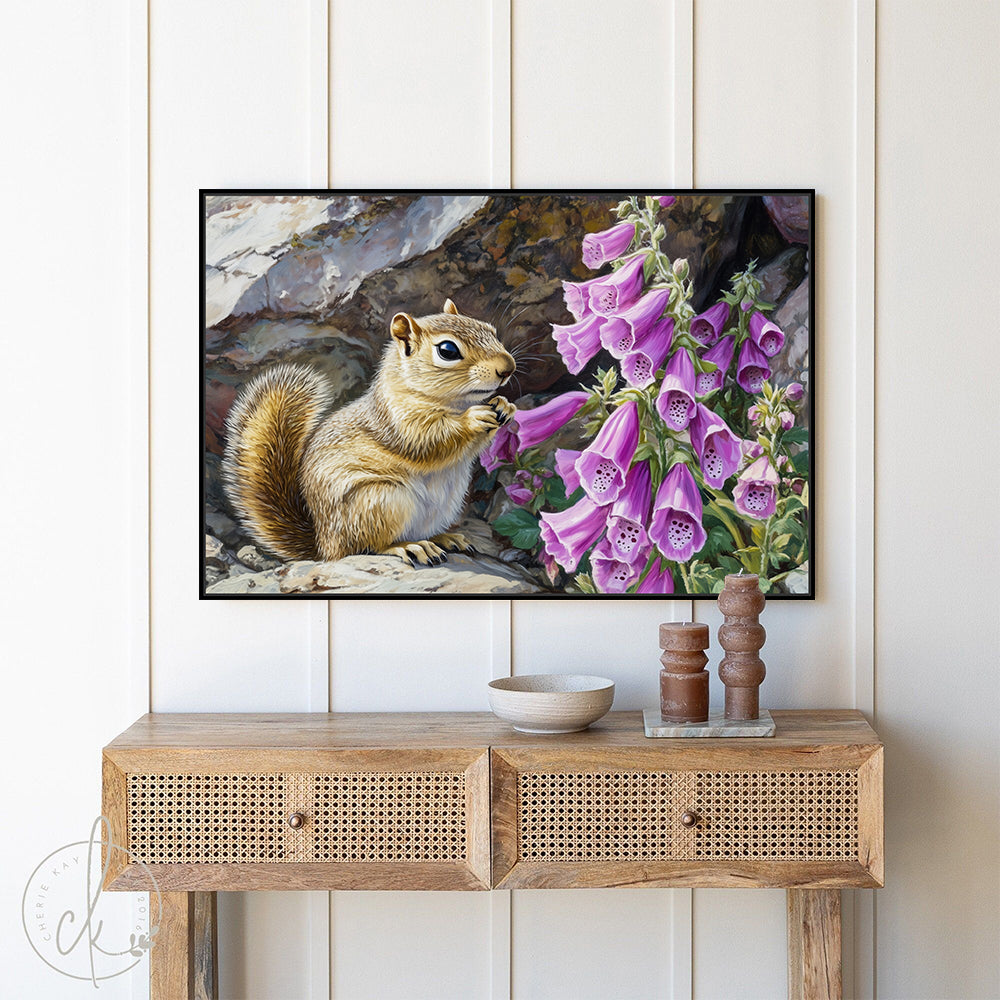 Curious Squirrel And Foxgloves Nature's Charm - Canvas Wall Art