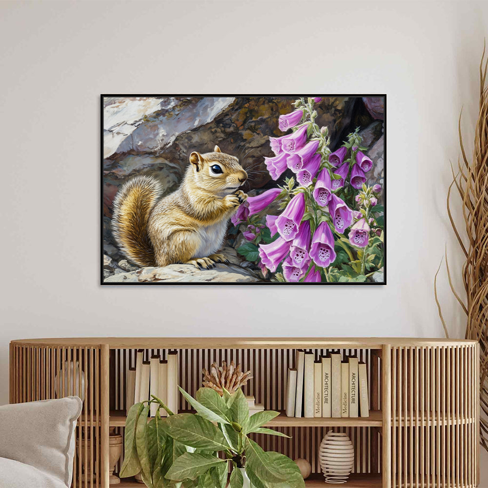 Curious Squirrel And Foxgloves Nature's Charm - Canvas Wall Art