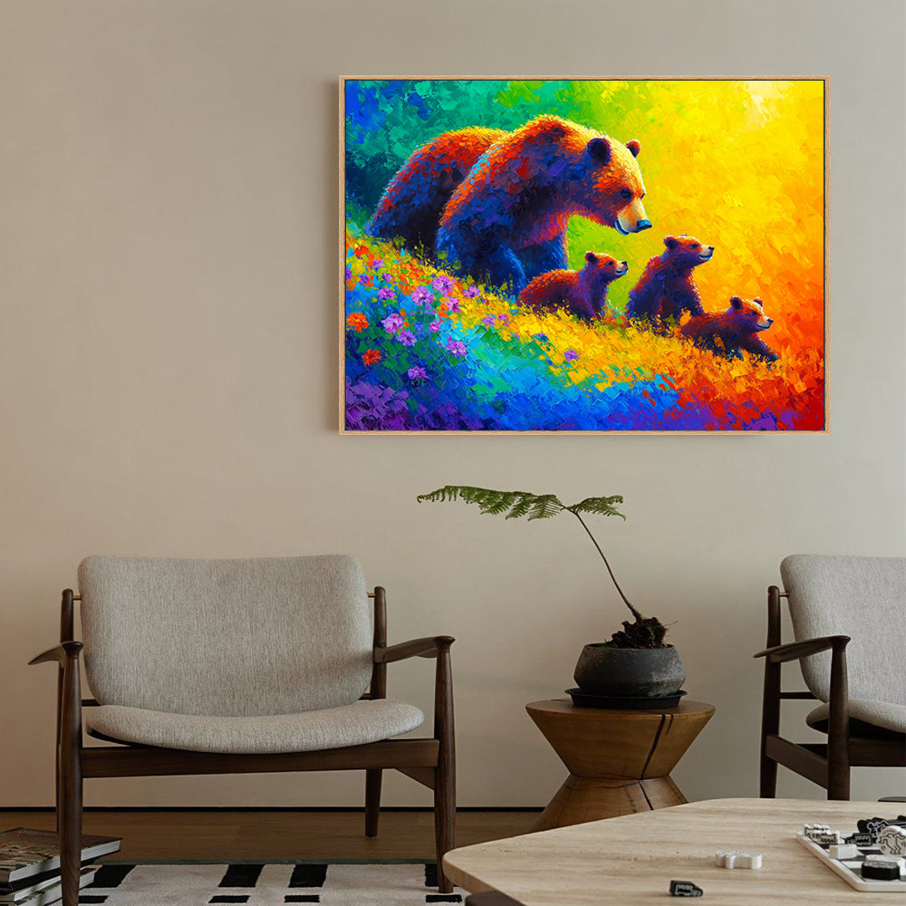 Vibrant Bear Family in Nature Canvas Wall Art