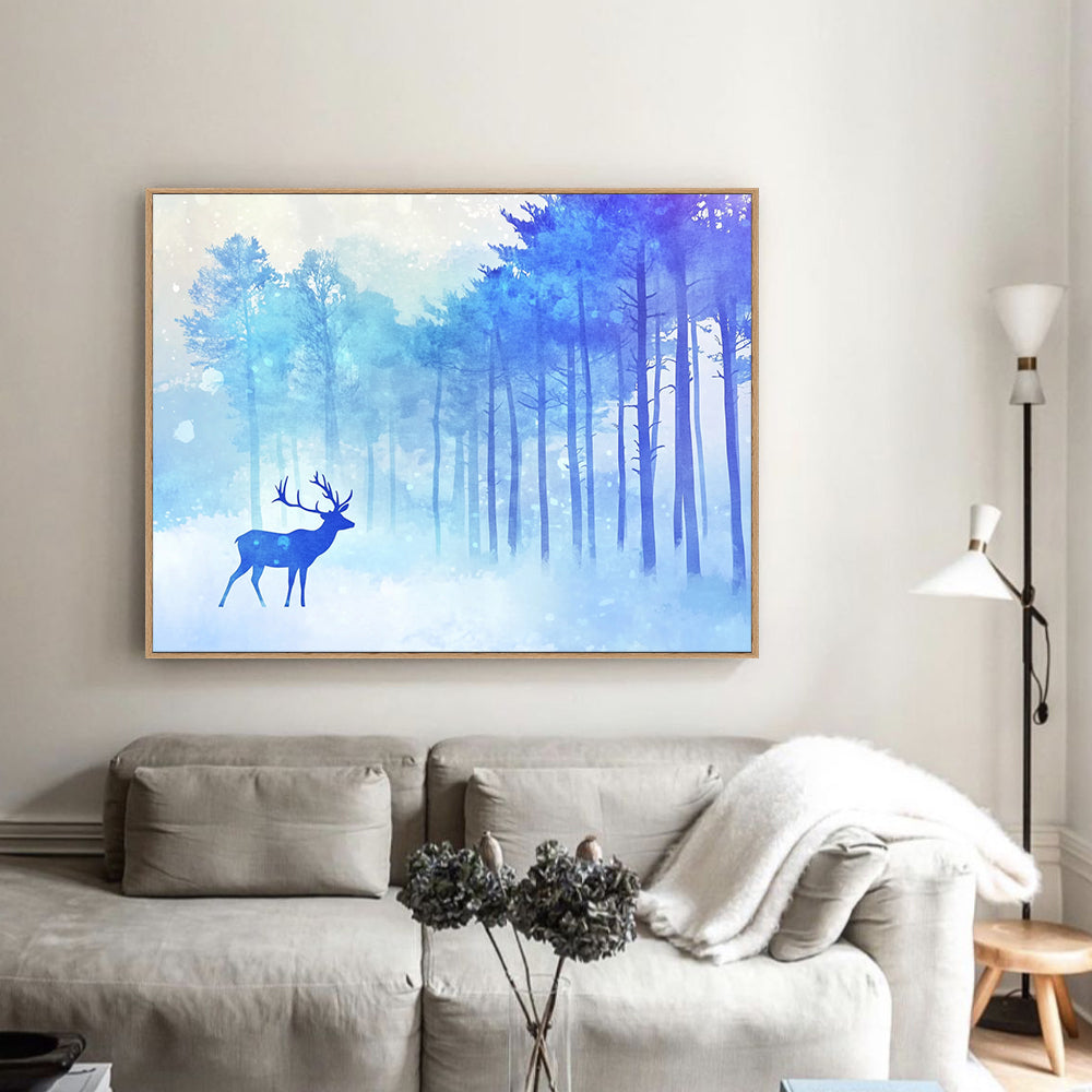 Tranquil Winter Forest With Deer Silhouette Canvas Wall Art