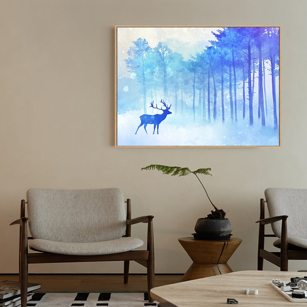 Tranquil Winter Forest With Deer Silhouette Canvas Wall Art
