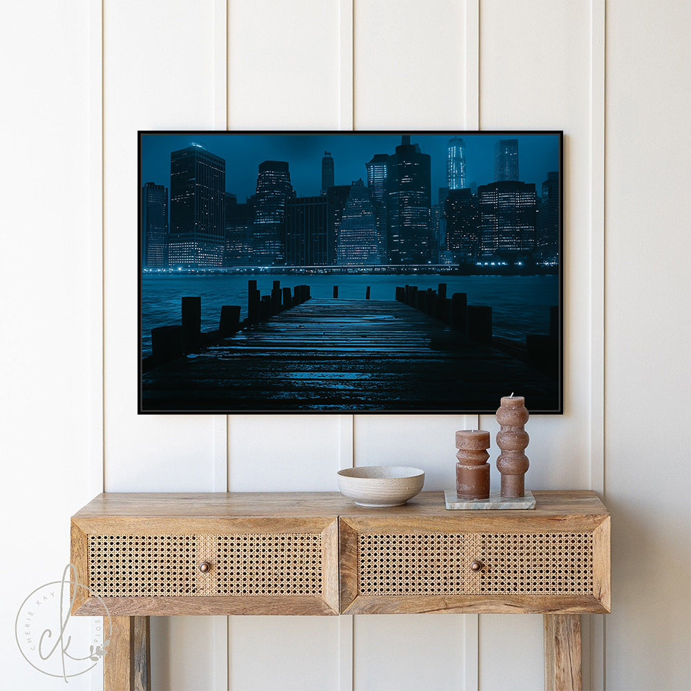 City Lights Serenity: Dockside Nightscape Canvas Wall Art