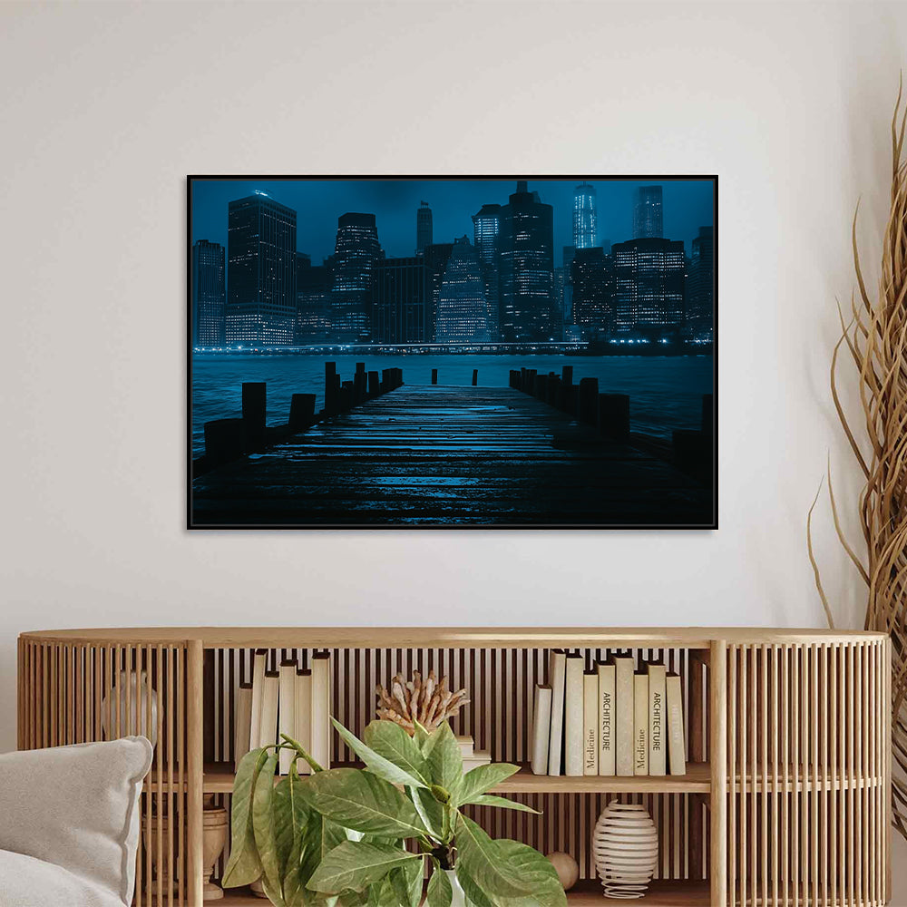 City Lights Serenity: Dockside Nightscape Canvas Wall Art