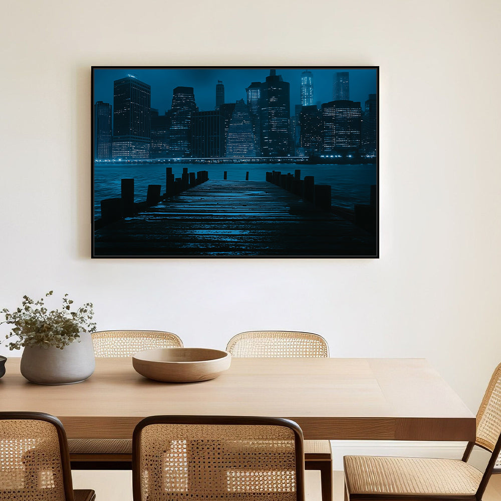 City Lights Serenity: Dockside Nightscape Canvas Wall Art