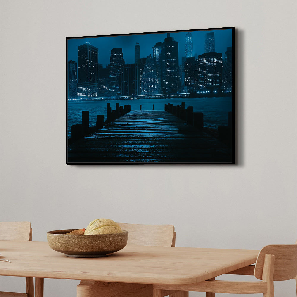 City Lights Serenity: Dockside Nightscape Canvas Wall Art