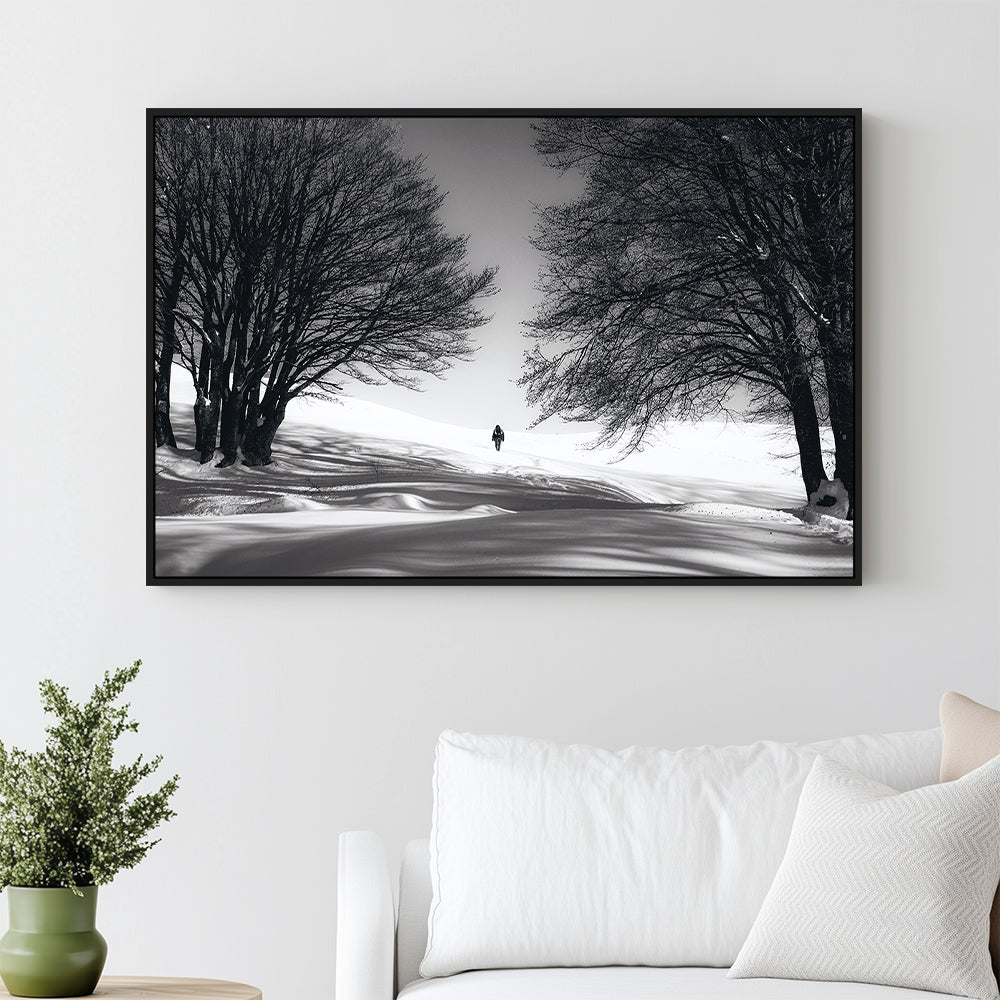 Solitude In The Snow - Black And White Canvas Wall Art