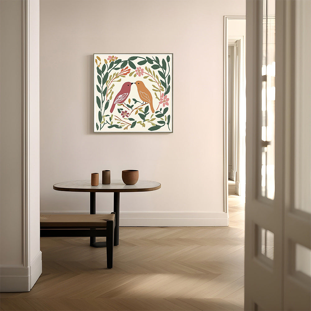 Lovebirds Floral Wreath Canvas Wall Art