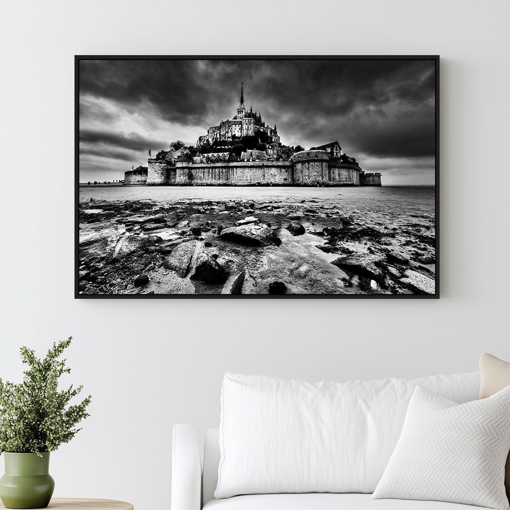 Mont Saint-Michel In Black And White Canvas Wall Art
