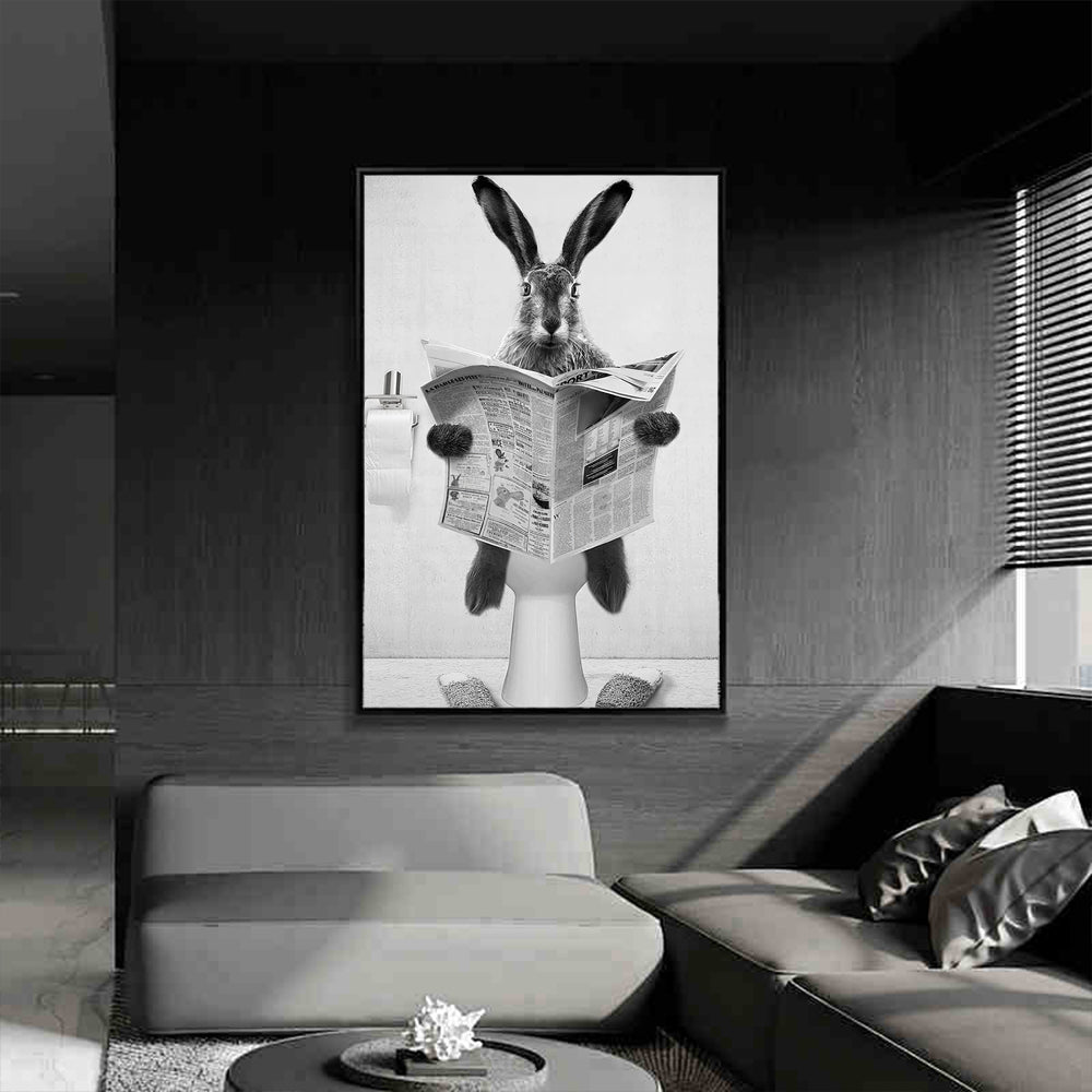 Funny Rabbit Bathroom – Quirky Black & White Humor Décor Canvas Wall Art
