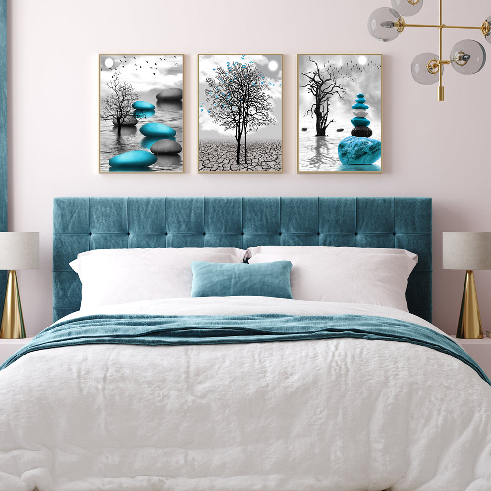 Modern Zen Landscape 3-Piece – Black, White & Blue Serenity Canvas Wall Art