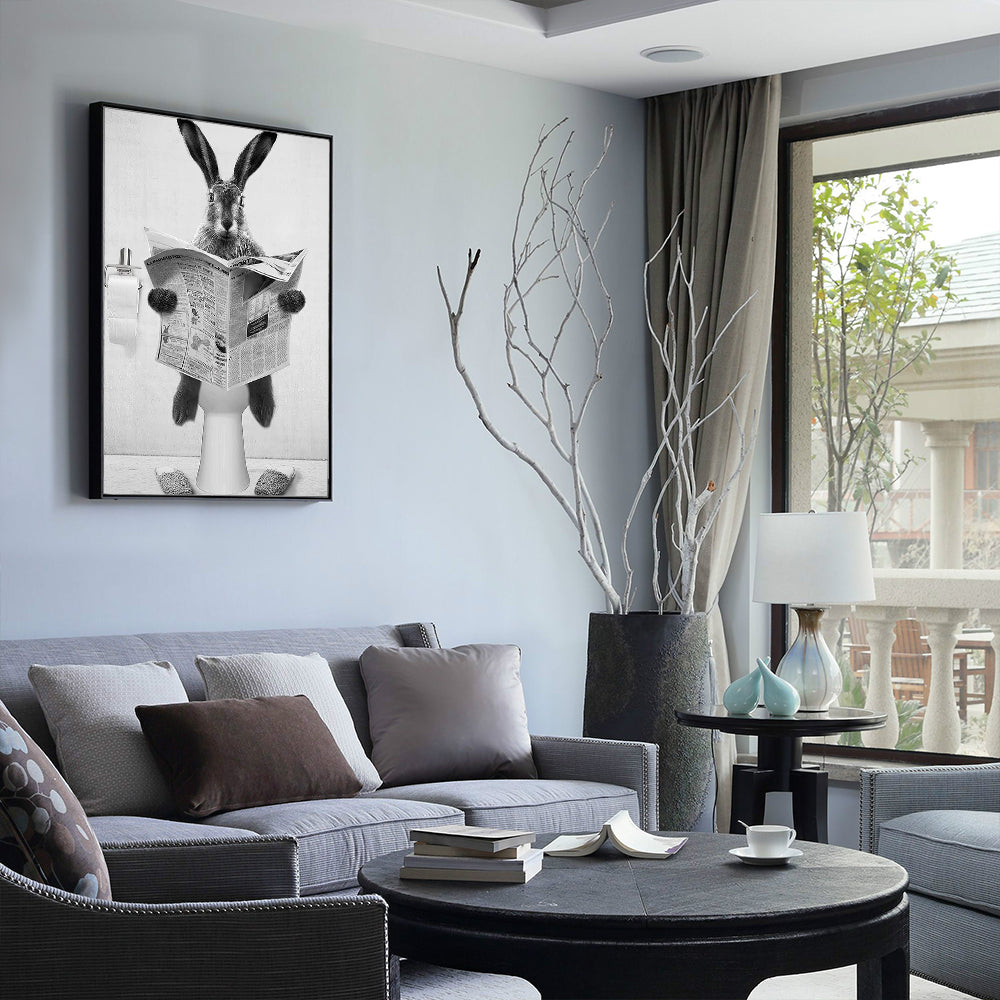 Funny Rabbit Bathroom – Quirky Black & White Humor Décor Canvas Wall Art