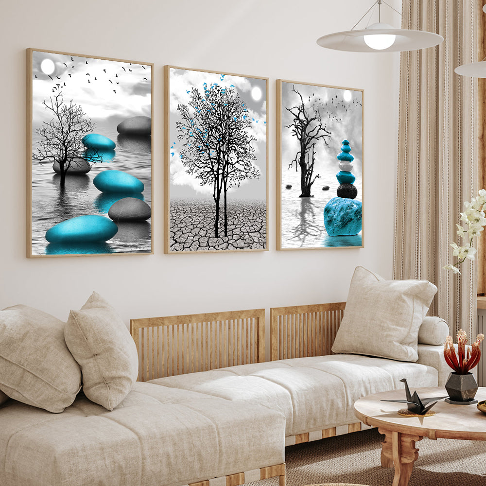 Modern Zen Landscape 3-Piece – Black, White & Blue Serenity Canvas Wall Art